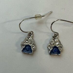 Pair of dangle‎ royal blue rhinestone kitty cat paw print earrings
